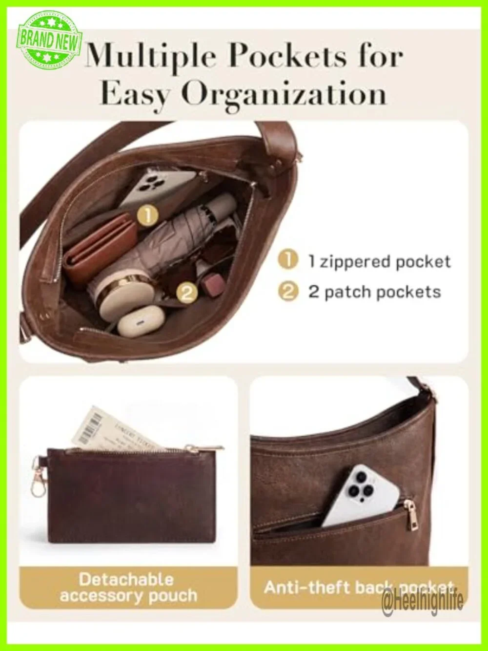 PU Leather Hobo Bag with Multi-Pockets, Crossbody Shoulder Tote, Detachable